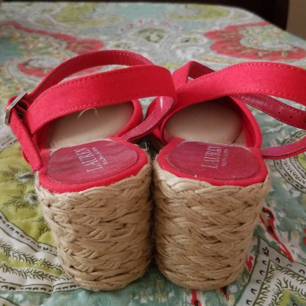 Lauren Ralph Lauren Red Woven Espadrille Wedge Sandals